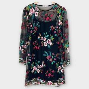 Antoinette Floral Embroidered Mesh Overlay Dress‎ Small Black Sheer Long Sleeve